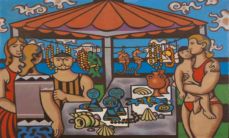 4-Nurullah Berk, Avşa'da Pazar, 1972, Tuval üzerine yağlıboya, 100 x 120 cm